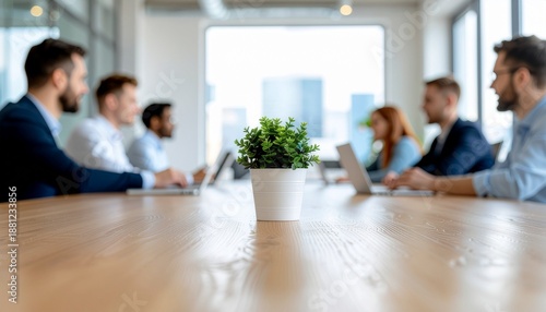 Colleagues sitting around a wooden table with a potted plant in the center during a meeting at office