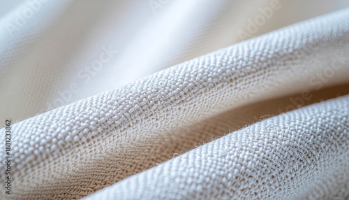 Closeup view of folded beige fabric with textured surface and soft folds