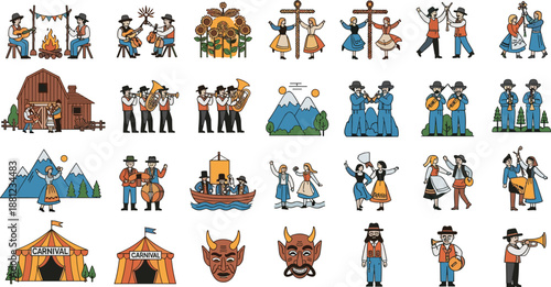 Traditional folk festival celebration, rural music and dance, cultural heritage, carnival tents, mountain scenery, brass band, maypole, devil masks, sunflowers