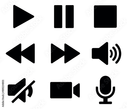 Modern solid icon set featuring media player controls like play, pause, stop, volume, record, and microphone for user interface design