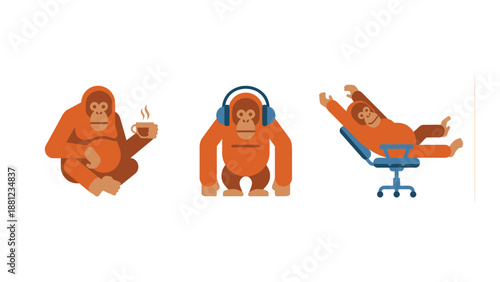 Orangutan Relaxation: Coffee, Music, and Chill Time Icons