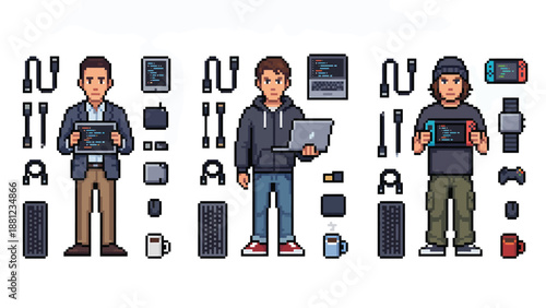 Pixel Art Tech Professionals: Developers with Gadgets