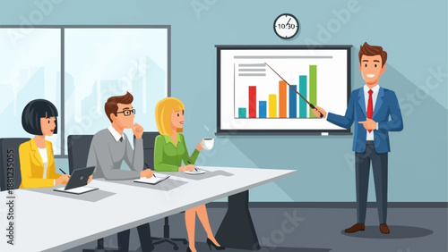 Business meeting presentation with charts and graphs.