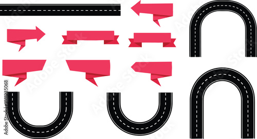 Set of asphalt road track segments, winding highway curves, red ribbon banners, origami arrow labels, starburst badges, sunburst icons, and vector design elements.
