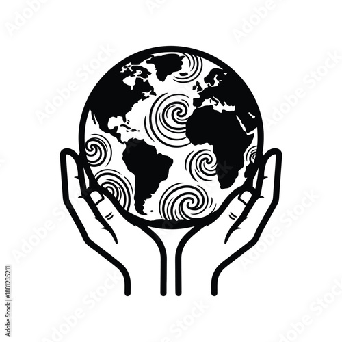 Black outline hands holding planet earth with swirling patterns globe