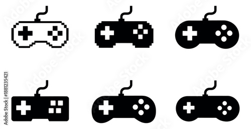 Retro pixel and modern solid style video game controller icon set featuring different gamepad designs for gaming applications and user interface design