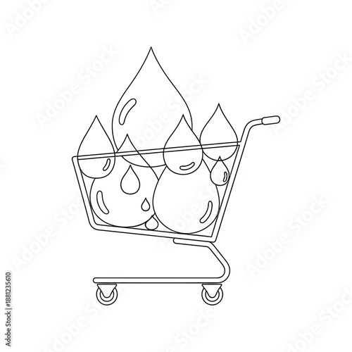Shopping cart filled with water drops line art liquid