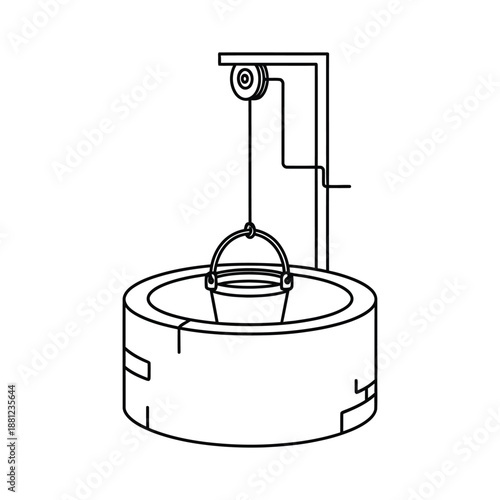 Simple line drawing of a water well with bucket and pulley rope
