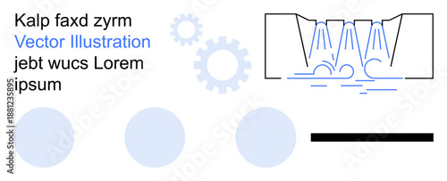 Engineering, manufacturing, technical design, process analysis, visualization, industrial automation. Gears, water flow diagram labeled text elements. Engineering and manufacturing context