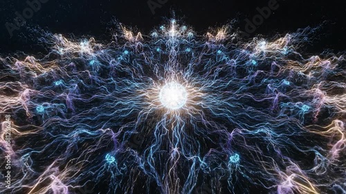 Bright orb emits energy tendrils, flowing across a dark expanse sprinkled with stardust in an abstract visual