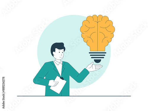 A businessman with a light bulb containing a brain symbolizes the concept of a brilliant idea or creative thinking. Brainstorming illustration. Flat vector concept.