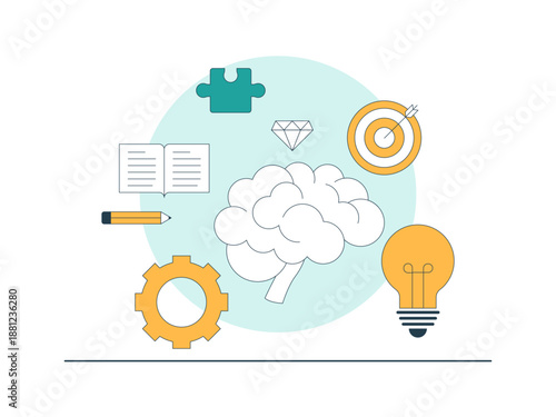Illustration conceptualizing brainstorming, creative thinking, and problem-solving. Brainstorming illustration. Flat vector concept.