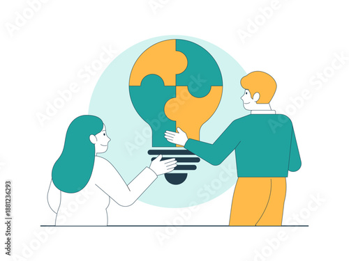 Two individuals working together to achieve a common goal, symbolizing collaborative problem solving or innovation. Brainstorming illustration. Flat vector concept.