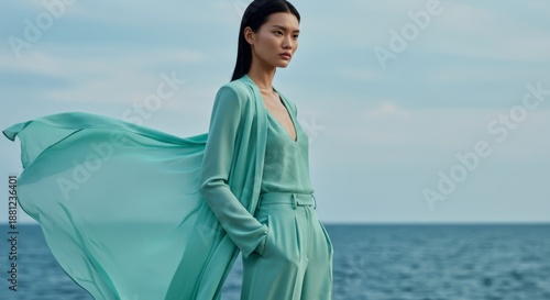 Woman in Teal Summer Outfit by the Ocean