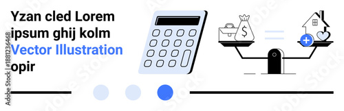 Calculator alongside scales balancing a money bag and house with a medical icon. Ideal for finance, budgeting, comparison, decision-making, mortgages, savings, healthcare, simple landing page