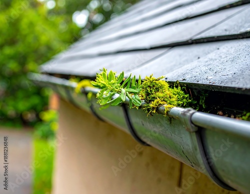 Mossy plants grow in a rain gutter attached to a home, with a roof in the background