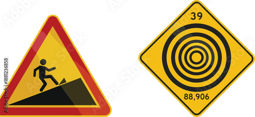 Steep incline warning, radar target sign, triangle caution symbol, numeric data marker, abstract location icon, safety signage illustration, hazard alert graphic
