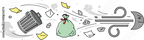 Strong wind blowing trash illustration, storm gust carrying garbage and debris, environmental pollution concept, weather hazard cartoon vector design