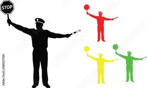 Traffic police hand signal illustration, stop slow go control gestures, road safety officer silhouette, colored guidance symbols, vector design