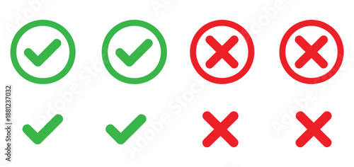 Check Mark and Cross Icon Set - Vector Green Tick and Red X Symbol Collection for Web and App UI Validation,Check mark and cross mark icons. Green and red circles