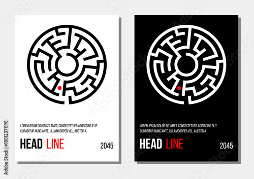 black white abstract geometrical round maze cover, business annual report or corporate strategy template