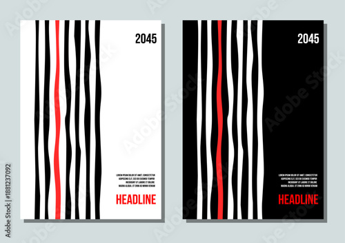 irregular lines corporate annual report template collection, company identity card, business presentation vertical pages vector set, black and white abstract geometric minimalistic brochure cover