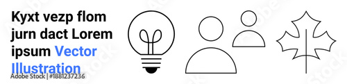 Innovation, teamwork, education, sustainability, nature, creativity. Simple black line icons of a light bulb, two person symbols and a maple leaf. Innovation and teamwork theme