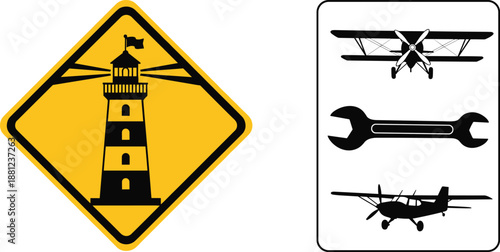 Warning signs illustration, lighthouse symbol, aviation maintenance, biplane silhouette, wrench icon, monoplane silhouette, navigational caution, coastal safety, aircraft repair, aviation signage