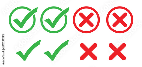 Check Mark and Cross Icon Set - Vector Green Tick and Red X Symbol Collection for Web and App UI Validation,Check mark and cross mark icons. Green and red circles