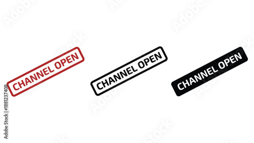 Three channel open stamps in red, black, and white on a plain background