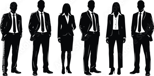 Group of professional business people silhouettes standing in formal office attire featuring diverse men and women isolated on white background