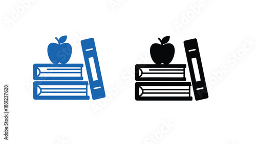 A graphic illustration of books and apples in blue and black colors