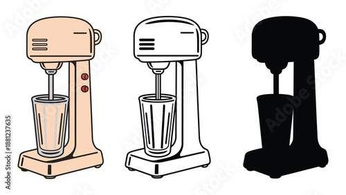 Three different colored electric mixers on a clean white background