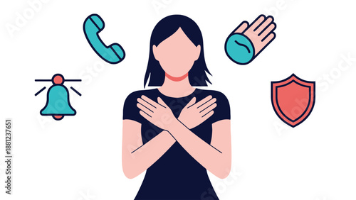 A woman protecting herself with a shield and defensive gestures