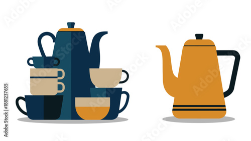 A colorful illustration of tea sets and coffee cups on a white background