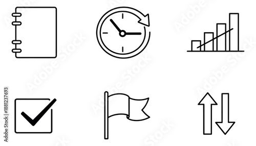 Line art business icons set featuring notebook, clock, bar chart, checkmark, flag, and arrows for project management and data concepts