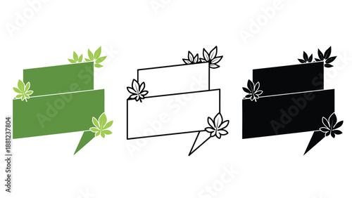 A set of three rectangular speech bubbles with cannabis leaves on a white background
