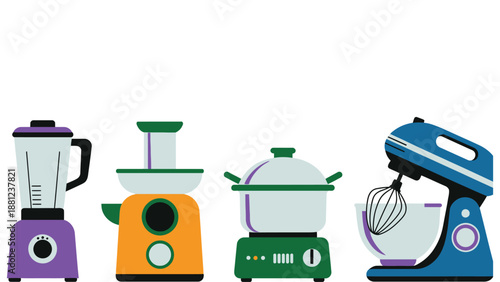 A colorful illustration of various kitchen appliances on a white background