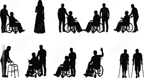 Silhouettes of people with disabilities in wheelchairs and using walkers with caregivers, medical assistance and accessibility concept for healthcare inclusion.