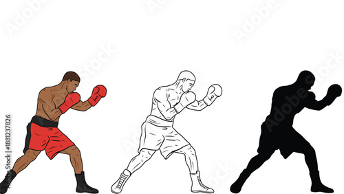 Three boxers in different colors posing in fighting stances together