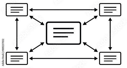Line art illustration of a distributed network diagram depicting information flow for technology concepts