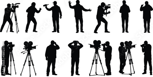 Silhouettes of professional cameramen and photographers with equipment, film crew and television production set for media, journalism and broadcast concept.