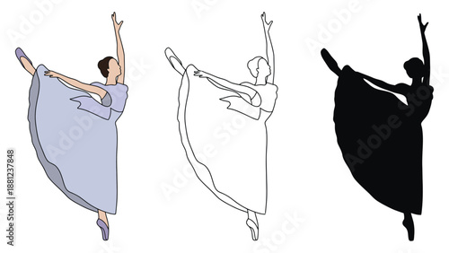 Three ballerinas in different artistic styles on a white background