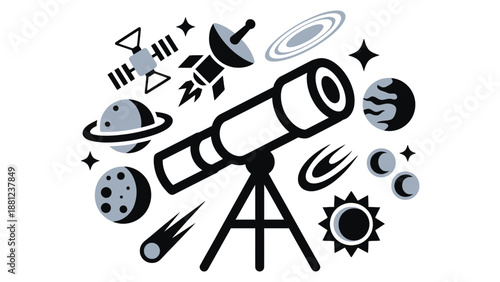 A cartoon telescope surrounded by planets and stars in space