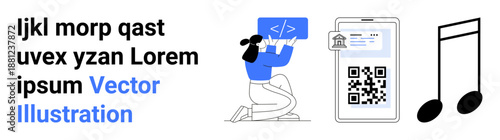 Digital access, coding education, mobile authentication, futuristic , music technology, QR efficiency. Woman coding, QR code on phone music note symbol. Mobile authentication and digital access