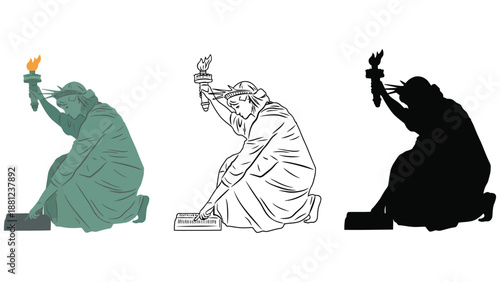 Three versions of the Statue of Liberty in different colors and styles