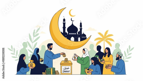 Muslims Donate Zakat During Ramadan Under Crescent Moon and Mosque.