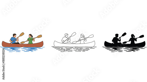 Three canoes with people paddling in different styles and colors on water