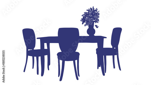 A blue silhouette of a dining table with four chairs and a vase