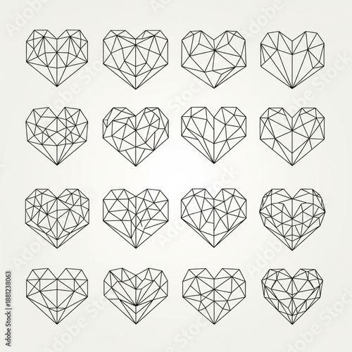 Set of geometric hearts with polygonal facets on white background love symbol icons